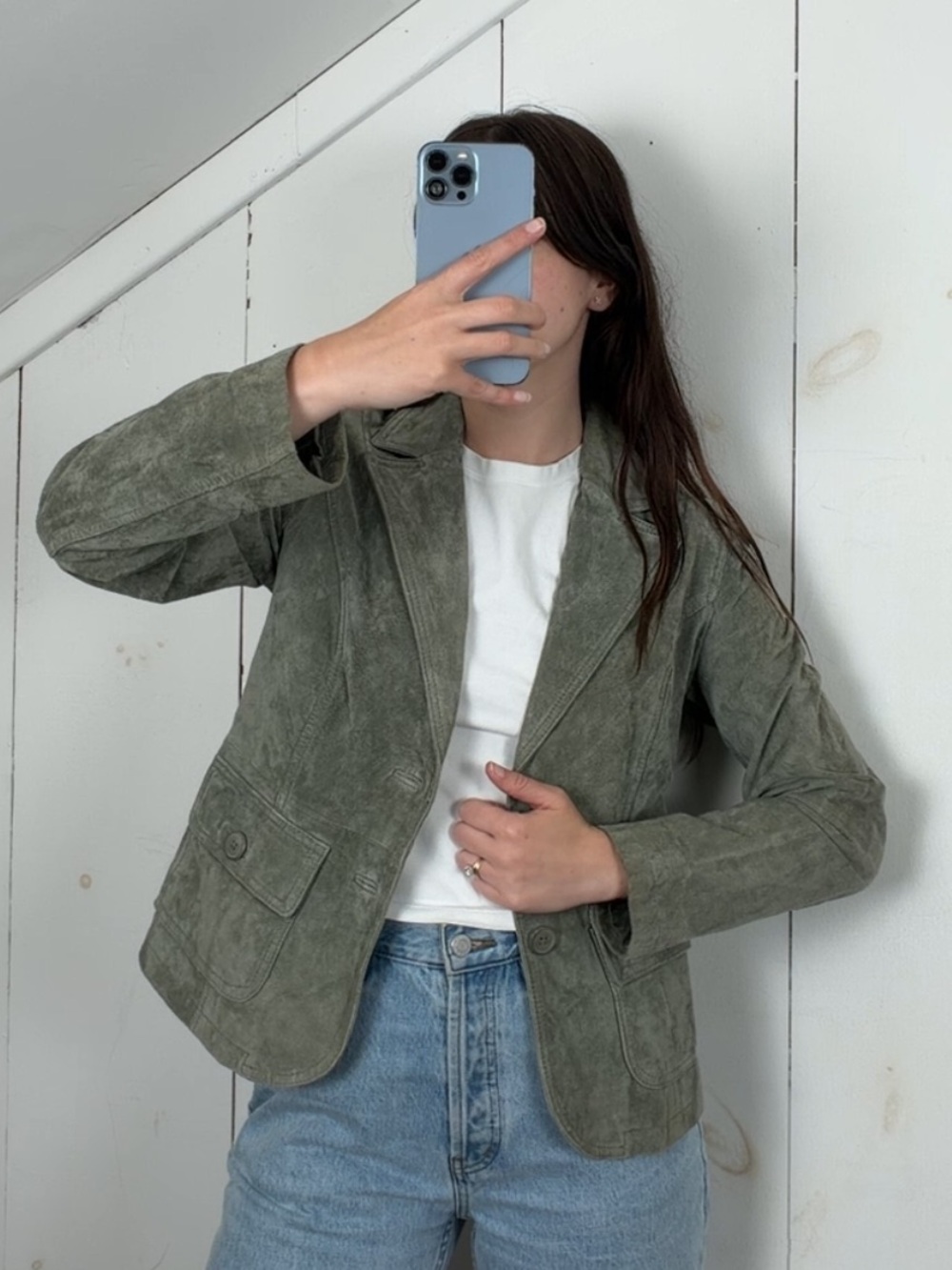 Vintage Ruff Hewn Sage Green Suede Leather Button Front Blazer Jacket Women’s S